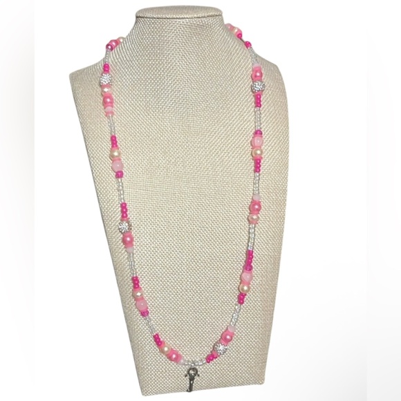 Hand Crafted Jewelry - Hand Crafted Pink and Clear Beaded Key Necklace